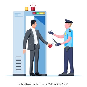 Metal Detector Gate Isolated on White. Scanner Gate, Man and Police Officer Icon. Frame Detecting Metal. Modern Metal Detector Equipment. Airport Security Control Device. Flat Vector Illustration