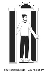 Metal detector go off at airport bw vector spot illustration. Annoyed man stands in security gate 2D cartoon flat line monochromatic character for web UI design. Editable isolated outline hero image