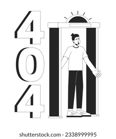 Metal detector go off at airport black white error 404 flash message. Man in security gate. Monochrome empty state ui design. Page not found popup cartoon image. Vector flat outline illustration