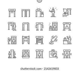 Detector de metales. Hombre de seguridad. Escáner de bolsa. Entrada prohibida. Iconos De Línea Delgada De Vector Perfecto De Pixel. Pictograma mínimo simple