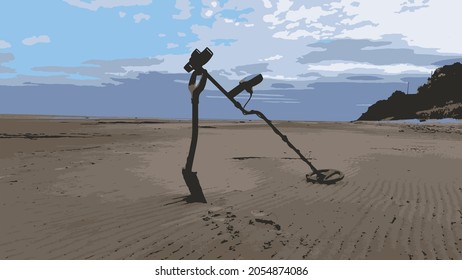 Metal Detector With A Shovel On The Seashore. Low Tide. Sandy beach