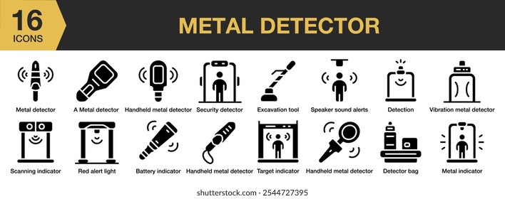 Metal Detector solid icon set. Includes lavender, pot, herbal tea, bouquet, parfum, flowers, and More. Solid icons vector collection.