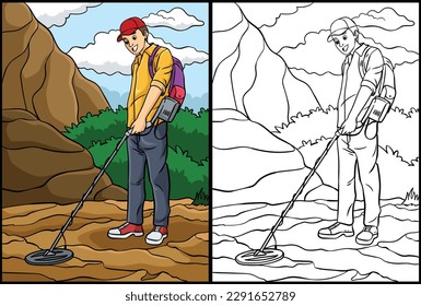 Metal Detectorist Coloring Page Illustration