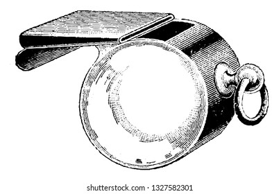 A metal device used to create high-pitched sound made by forcing breath through a small hole between partly closed lips, vintage engraved line art illustration. Bicycle Accessories - 1900