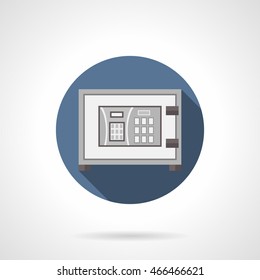 Metal digital safe with long shadow. Electronic lock with personal password, protective technologies for banks. Security service and insurance. Round flat color vector icon
