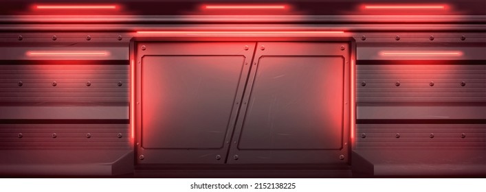 Metal door in bunker or secret laboratory with red glowing illumination. Sliding gates with scratched surface in spaceship or alien shuttle, ski-fi entrance, Realistic 3d vector background for game