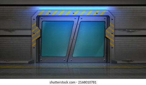 Puerta de metal, búnker o entrada secreta de laboratorio con ventanas de vidrio, puertas correderas en el interior de la nave espacial. Pasarela futurista cerrada de ski-fi con marcado amarillo, ilustración realista 3d vectorial