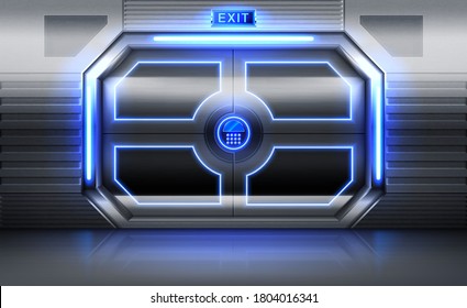 Metal Door With Exit Sign, Neon Glowing And Panel With Buttons For Password Insert. Sliding Gates In Spaceship . Shuttle Or Secret Laboratory Entrance, Ski-fi Bunker. Realistic 3d Vector Illustration