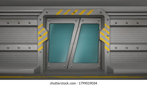 Puerta de metal con ventanas de vidrio, puertas correderas en el interior de la nave espacial. Travesía cerrada, búnker futurista o entrada secreta de laboratorio con marca amarilla, puerta de enlace ski-fi, ilustración realista 3d vectorial