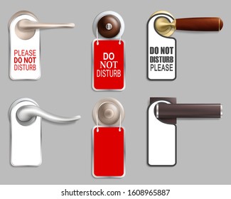 Metal door handle lock with hanger mockup set, vector isolated illustration. Do not disturb sign on hotel room door handle. Room service concept.