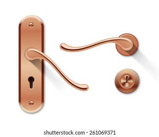 Metal door handles and door lock. Realistic vector set