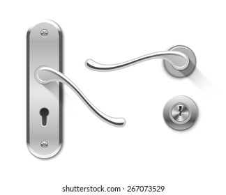 Metal door handles and door lock. Realistic vector set