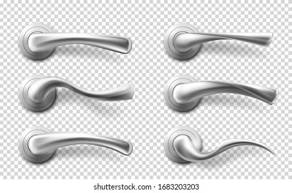 Metal Door Handles For Room Interior In Office, Home Or Hotel. Vector Realistic Set Of Silver Doorknob, Modern Chrome Lever Handles In Different Shapes Isolated On Transparent Background