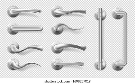 Metal door handles for room interior in office or home. Vector realistic set of modern chrome lever handles in different shapes and long door pulls isolated on transparent background
