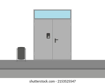 Metal door with intercom and trash can on sidewalk on white background
