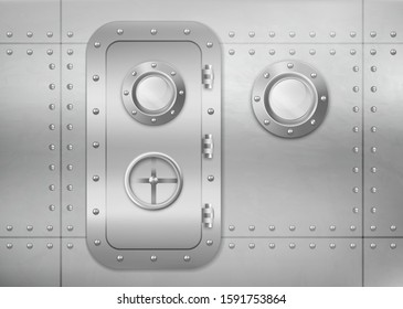 Metal Door And Porthole On Wall In Submarine, Ship Or Spacecraft. Vector Realistic Interior Of Bunker Or Laboratory With Window And Closed Stainless Entrance With Rotary Valve Lock Wheel