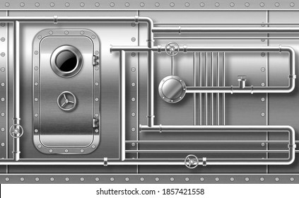 Puerta de metal con ojo de buey en la pared con tuberías, válvulas y remaches. El búnker está cerca de la entrada. Puerta a prueba de balas de acero de laboratorio secreta o buque con iluminación y rueda de bloqueo rotatorio vector 3d realista