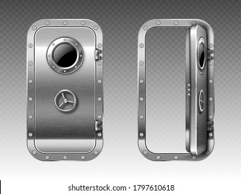 Metal door with porthole, submarine or bunker close and open entrance. Ship, spacecraft or secret laboratory steel bulletproof doorway with illuminator and rotary valve lock wheel realistic 3d vector