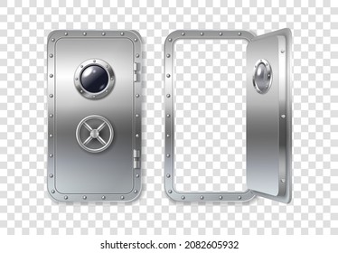 Metal door and porthole for submarine, ship or spacecraft open and closed. Realistic bunker or laboratory door with window and stainless entrance with rotary valve lock wheel. Vector illustration svg