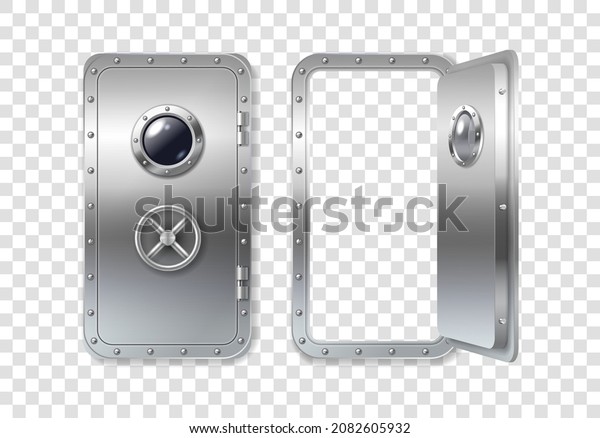 Metal door and porthole for submarine, ship
or spacecraft open and closed. Realistic bunker or laboratory door
with window and stainless entrance with rotary valve lock wheel.
Vector illustration