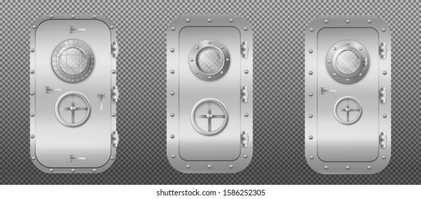 Metal door with porthole window in submarine, ship or spacecraft. Vector realistic bunker or laboratory closed stainless entrance with rotary valve lock wheel isolated on transparent background