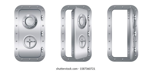 Metal door with porthole window in submarine closed and open. Vector realistic bunker or laboratory closed stainless entrance with rotary valve lock wheel isolated on white background