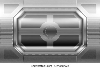 Metal door, sliding gates in spaceship hallway interior. Closed shuttle or secret laboratory entrance, futuristic bunker, ski-fi steel stainless gateway on wall. Realistic 3d vector illustration