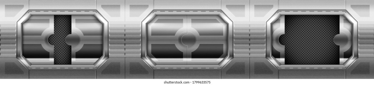 Metal door, sliding gates in spaceship hallway interior. Closed, open, slightly ajar shuttle or secret laboratory entrance, futuristic bunker, ski-fi gateways on wall. Realistic 3d vector illustration