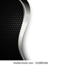 Metal dot perforated texture. Background with dark chrome metal strip. Black and white modern wallpaper in industrial style