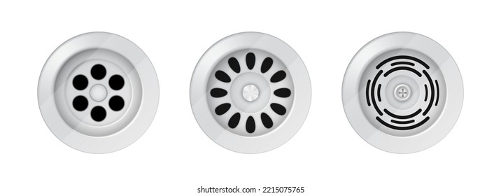 Metal drainage grates for kitchen sink isolated on white background. Realistic set of round drain manhole with steel grid on sewer in bathroom basin. Vector illustration