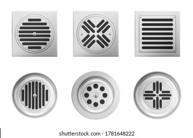 Metal drainage grates for shower or sink isolated on white background. Vector realistic set of square and round drain manhole with steel grid on sewer in bathroom or shower floor