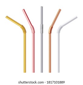 Metal drinking straw. Gold, silver and steel reusable drinking straws, modern accessories for drinks eco lifestyle realistic 3d vector set. Objects made of ecological material for cocktail