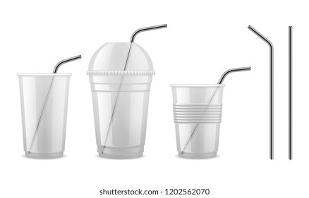 Metal Drinking Straw. Reusable Steel Straw Cocktail Equipment Vector Isolated Set. Cocktail Plastic Cup For Beverage With Straw For Drink Illustration