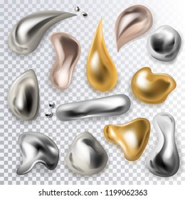 Metal drop vector metallic liquid droplet silver realistic splash and metalline ball illustration set of chrome 3d sphere isolated on transparent background