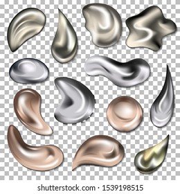 Metal drop vector metallic liquid droplet silver realistic splash and metalline ball illustration set of chrome 3d sphere isolated on transparent background.