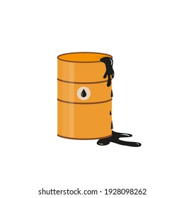 Metal drum of oil, defective or leaking. Oily flammable liquid has been spilled. Oil icon. Vector illustration
