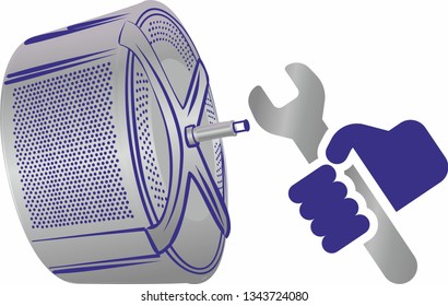 The metal drum of the washing machine and the hand tool. Logo for washing machine repair. Vector illustration