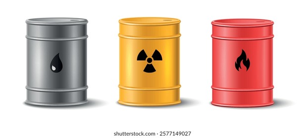 Metal drums for oil, gasoline and chemical wastes. Realistic isolated containers with labels, 3d radioactive tank in storage, diesel liquids, poisonous substances with biohazard, vector concept