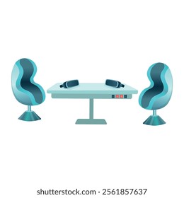 Metal electronic table with spaceship chairs with neon elements. Element for creating background.