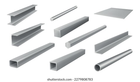 Metal elements for metallic construction industrial pipes different shape isometric set realistic vector illustration. Steel pole circle square pillars manufacturing chrome bar sheet corner hexagon