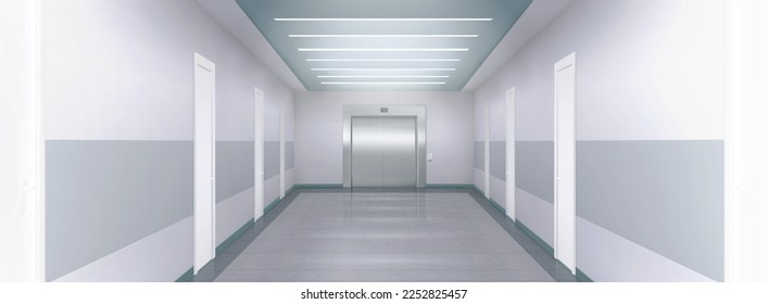 Metal elevator doors in office, hospital, hotel or house hallway. Empty modern building corridor with closed doors and steel lift gates, vector realistic illustration