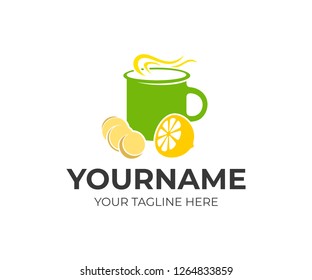 Metal, enamel cup with tea and coffee, ginger and citrus, logo design. Beverage, drink, cafe and restaurant, vector design and illustration