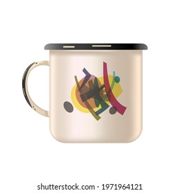 Metal enamel mug with an abstract painting. Old style. Isolated white background. Vector illustration.