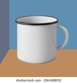 Metal enamel mug. Good old times. Mock up, template, blank. Vector illustration with isolated chromatic background. 3d-render