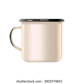 Metal enamel mug. Mock up, template. Old style. To place the logo. Isolated white background. Vector illustration.