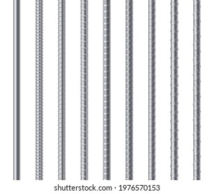 Metal endless rebars, reinforcement steel reinforced rods set isolated on white background. Construction metal armature. Realistic 3d vector illustration