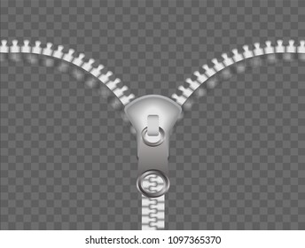 Metal etal unfasten or fasten zipper on transparent background. Vector illustration.