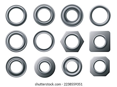 Metal eyelets. Curtain eyelet ring, round grommet and circular fastener with hole isolated vector set of ring grommet illustration