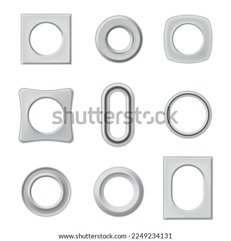 Metal eyelets and grommets circle square oval shape set realistic vector illustration. Steel hole supplies denim clothes detail fashion decorative fastener. Silver gray ring tag sticker sewing element