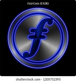 Metal FairCoin (FAIR) cryptocurrency coin with blue neon glow.